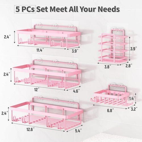 Liuoud Shower Caddy Organizer - Rustproof Stainless Steel Wall Storage Basket Set | 5 Pack in Pink