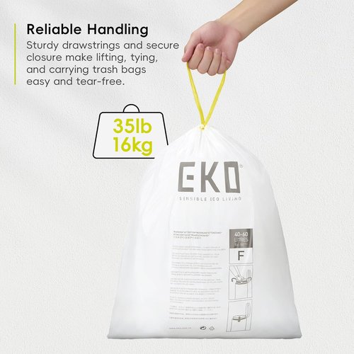 EKO 13 Gallon Drawstring Trash Bags - Extra-Strong, Unscented, Leak-Resistant | 60 Count Roll for Kitchen & Household Use