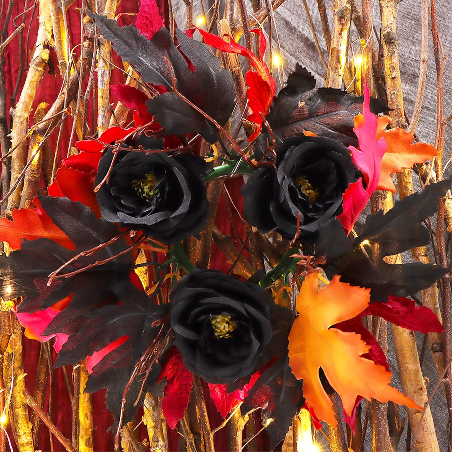 Skiennix Halloween Wreath Candle Rings - Gothic Red & Black Maple Leaf Rose Decor | Perfect for Wall & Table Centerpieces