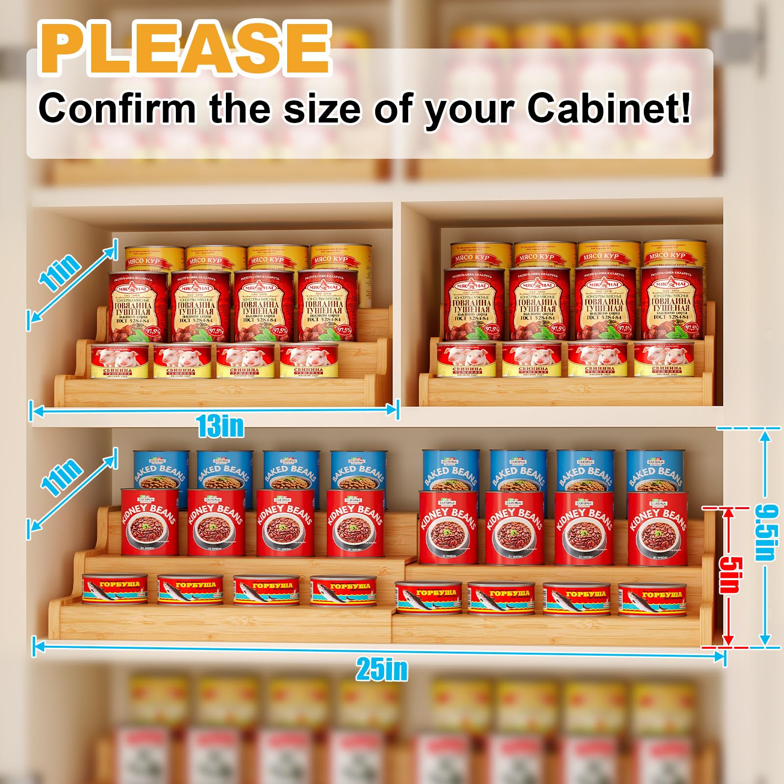 Expandable Bamboo Can Rack Organizer for Pantry, 3-Tier Adjustable Can Storage Holder, Soda Organizer Holds Up to 24 Cans, Canned goods Storage Display for Pantry, Cabinet, Countertop (patent pending)