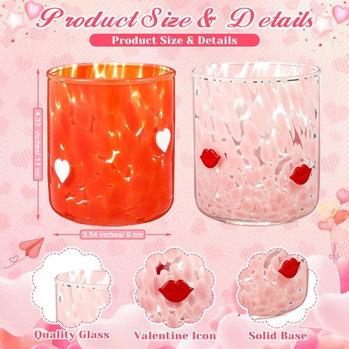 Willinglong 2 Pcs Valentine's Day Icon Juice Glass 16 Ounce Heart and Lip Themed Drinking Cocktails Glasses for Party, Pink Red Cute Double Old Fashioned Reusable Cups for Home Bar Decor Lovely Gift