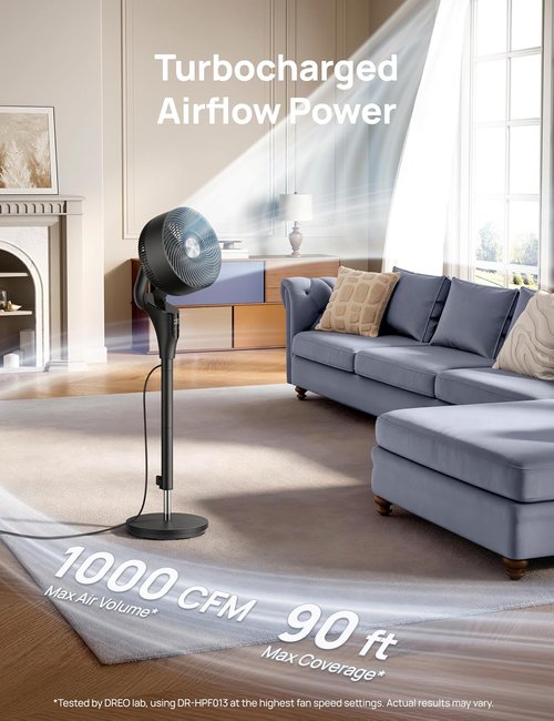 DREO 2026 Upgraded Oscillating Fan - 90ft Airflow, 20dB Quiet Operation, Adjustable Height 38-42''