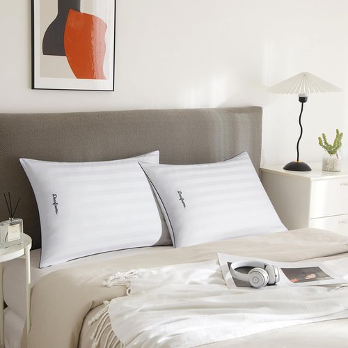 Dearfoams Bed Pillows - Set of 2 Standard/Queen Size | Luxurious Cotton Stripe Down Alternative, Supportive for All Sleepers