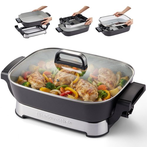 Elite Gourmet 15" x 12" x 3" Stow-Away Foldable Electric Skillet, Ceralast™ PFAS Free Ceramic, 1500W Rapid Heat, Dishwasher Safe Pan & Lid, Black/Grey