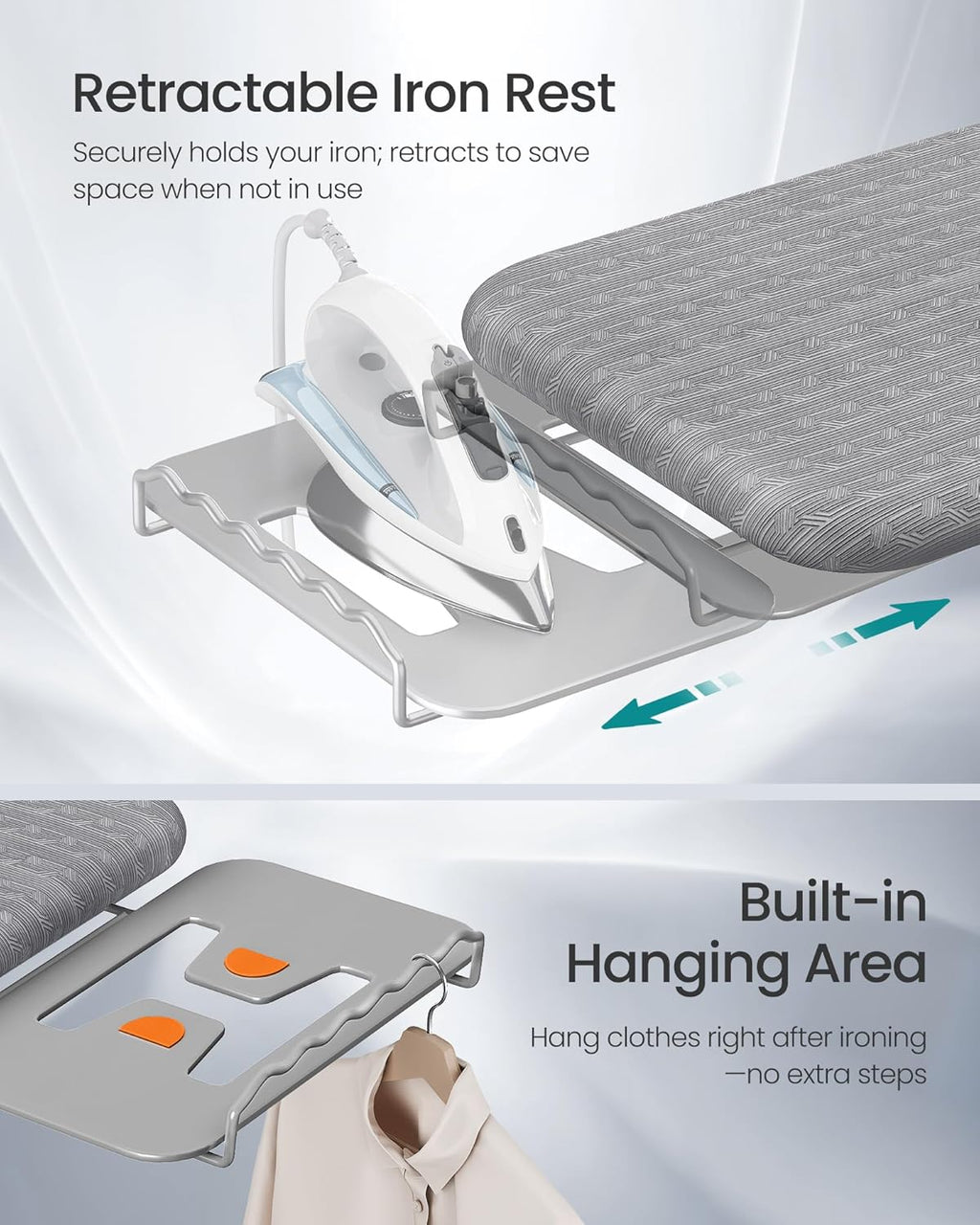SONGMICS Ironing Board - Foldable & Height Adjustable with Retractable Iron Rest | 43 x 13 Inches, Dove Gray