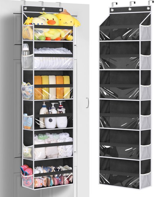 MISSLO Back of Door Storage Organizer Hanging with 6 Large Pockets 12 Side Pockets Closet Door Organizer Baby Organization for Bathroom, Pantry, Bedroom, Nursery, Clothes, Toys, Diapers, Black