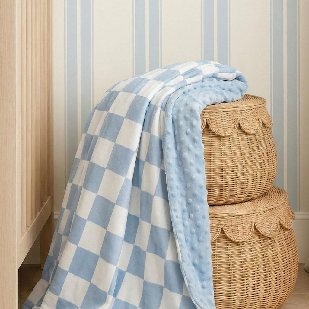 Skiennix Checkered Baby Blanket - Cozy Minky Nursery Blanket for Newborns | 30x40 Inches, Blue