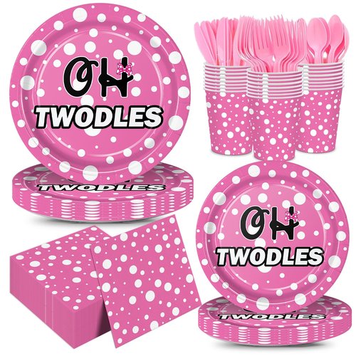 168pcs Oh Twodles Birthday Party Supplies Girl Pink Cartoon 2nd Plates Napkins Disposable Paper Cups Oh Twodles Tableware Set Two Years Old Party Decorations for Kids Girls Birthday Decor Serve 24