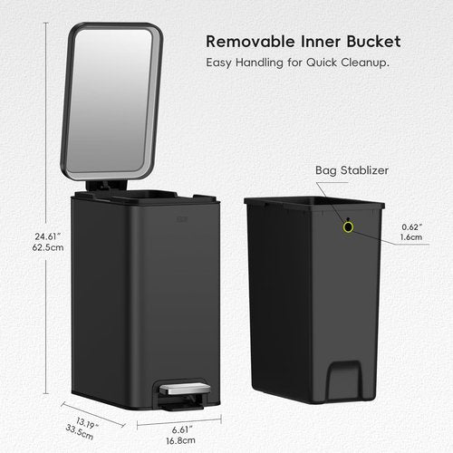 EKO Small Bathroom Trash Can - Soft Close Lid & Step Pedal | 10L Stainless Steel, Anti-Fingerprint Matte Black