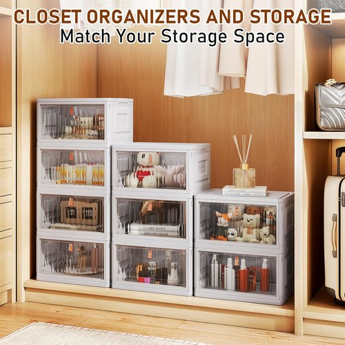 4 Tier Stackable Storage Bins by [Brand Name] - 23 QT Plastic Organizers with Lid & Wheels | Grey Foldable Containers for Home, Craft & Pantry