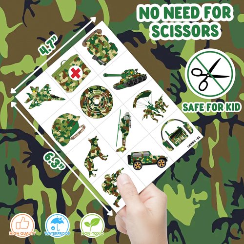 96 PCS Military Camo Pre-Cut Temporary Tattoos for Kids | Super Cute Military Themed Birthday Party Favors, Supplies, Decorations, Fake Tattoo Stickers, School Rewards & Gifts Boys & Girls, Carnival