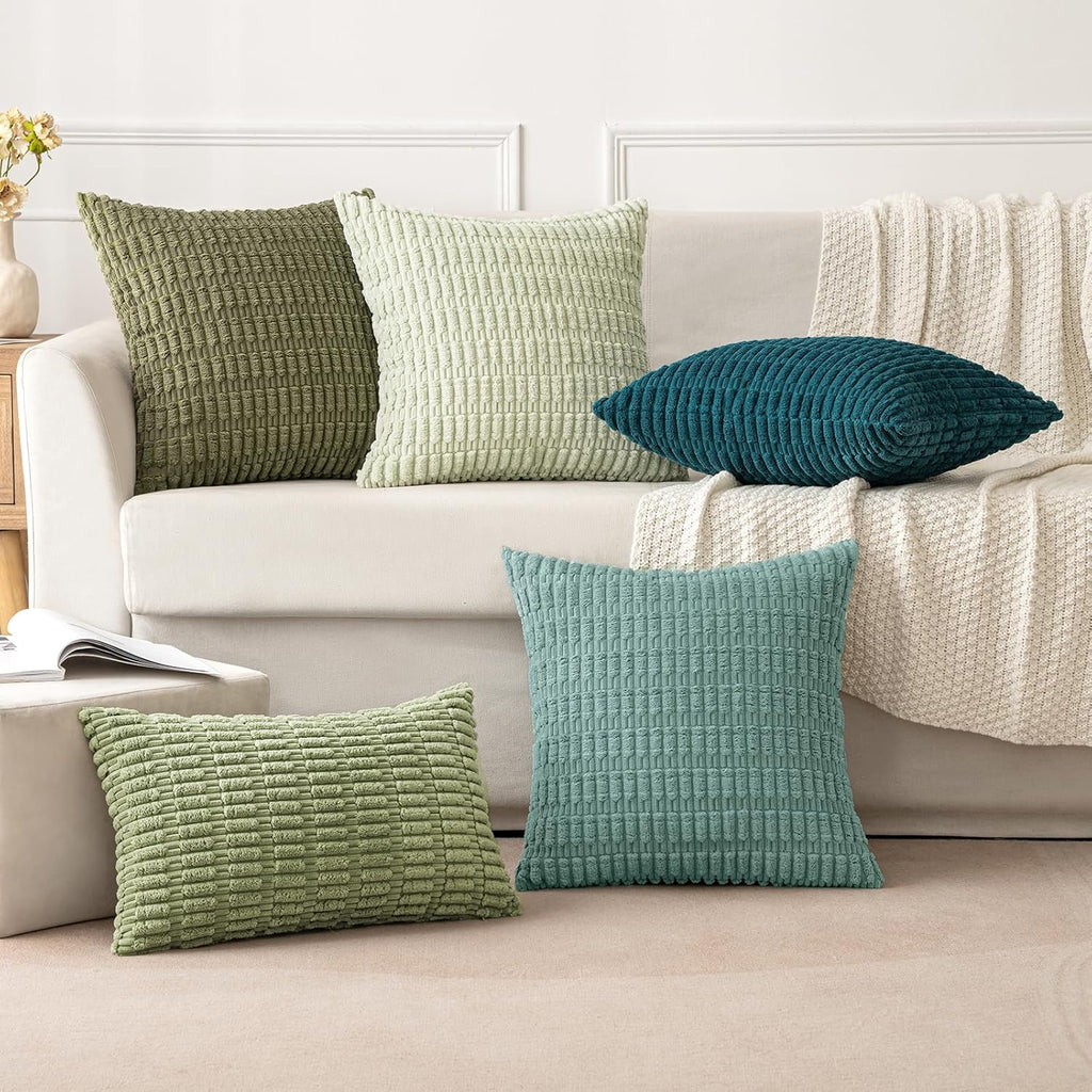 MIULEE Corduroy Throw Pillow Covers - Soft Boho Striped Design | 16x16 Inch Teal Green for Modern Home Decor