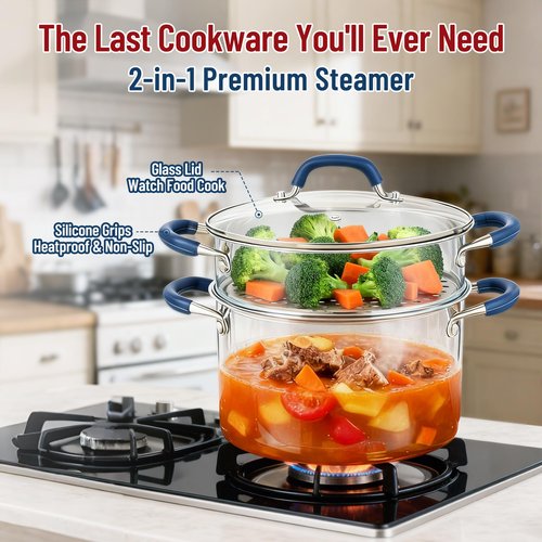 ARC 6QT Stainless Steel Stock Pot w/Steamer Basket, Multi-steamer Pot With Tempered Glass Lid for Cooking, Multipurpose Cookware with Silicone Handle for Veggies, Soup, Seafood, Induction-Ready