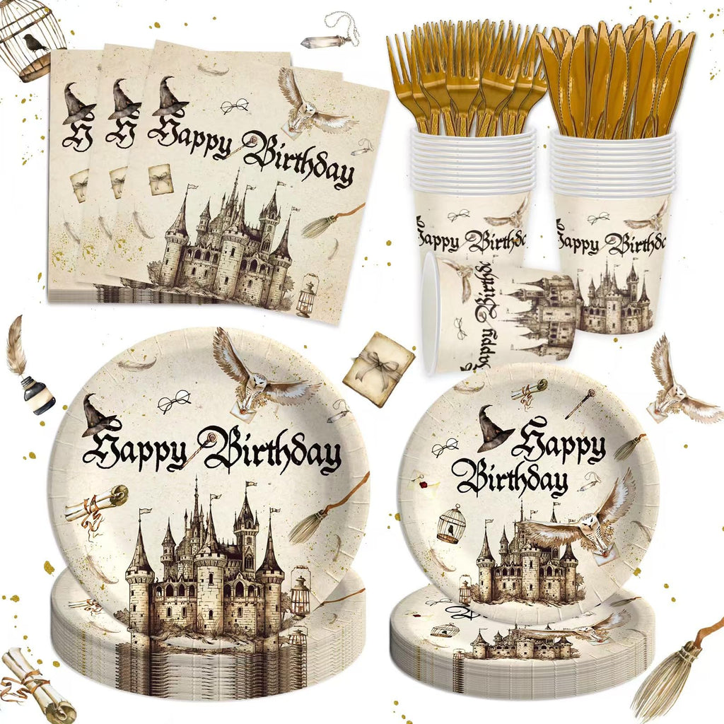 120 Pcs Magical Wizard Party Supplies for Boys Girls Witch Wizard Magic Happy Birthday Tableware Set Magical Party Plates and Napkins Kit Party Serves 20 Guests