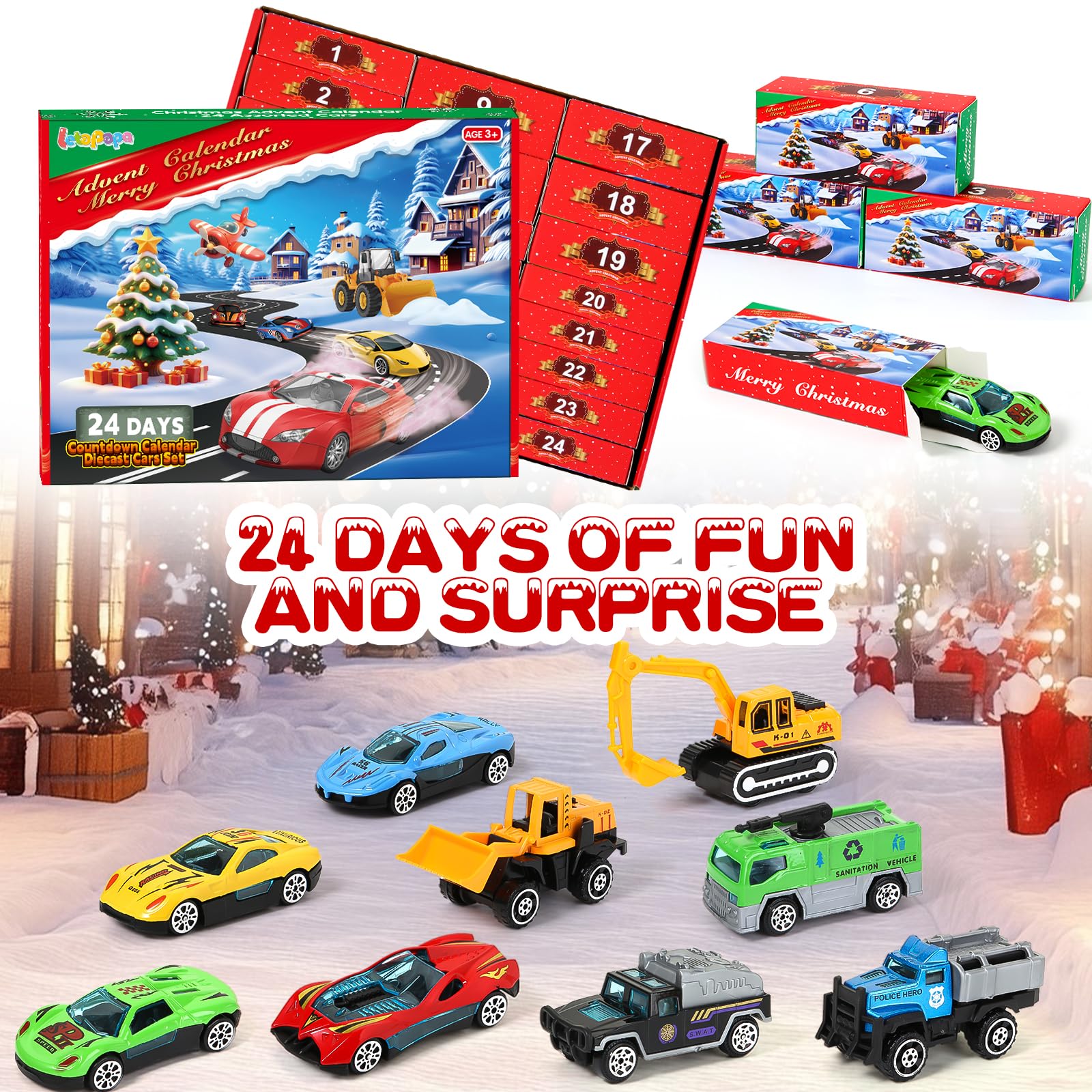 Advent Calendar 2025 for Kids, 24 Days Christmas Countdown Calendar with Die-cast Cars for Toddler Boys, Christmas Advent Calendars Cars Set, Classroom Prizes Xmas Holiday Party Favor Gift for Kids