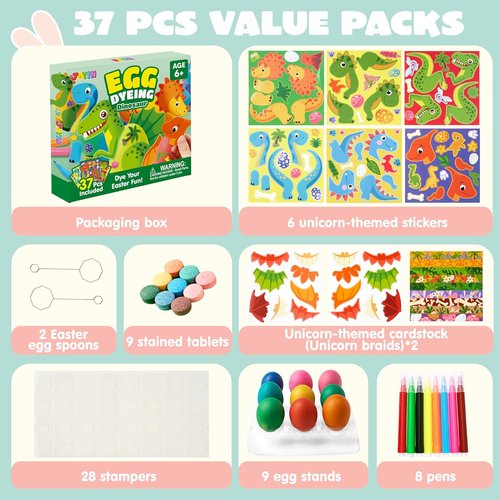 JOYIN 37 PCS Dinosaur Easter Egg Dye Kit - Fun Coloring Set with Dye Tablets & Stickers for Creative Egg Hunts