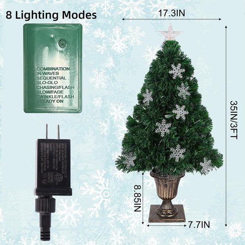 Juegoal Pre-Lit Artificial Christmas Trees - 3 FT Lighted Green Fiber Optic Entrance Trees with Gold Urn Base & 8 Lighting Modes
