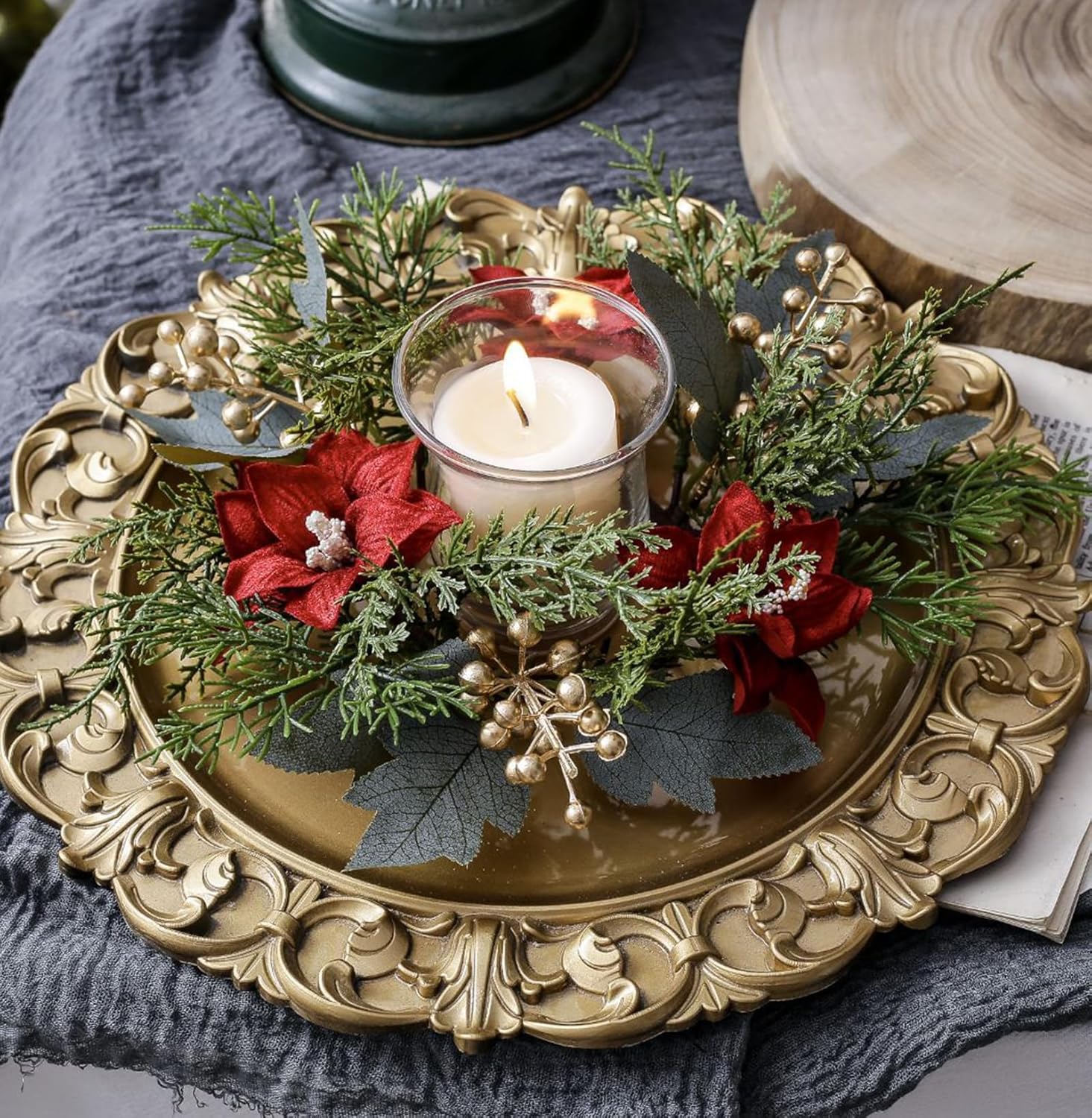 Skiennix Christmas Candle Rings - Elegant Artificial Flower & Gold Berries Holders | 2-Piece Set for Winter Decor