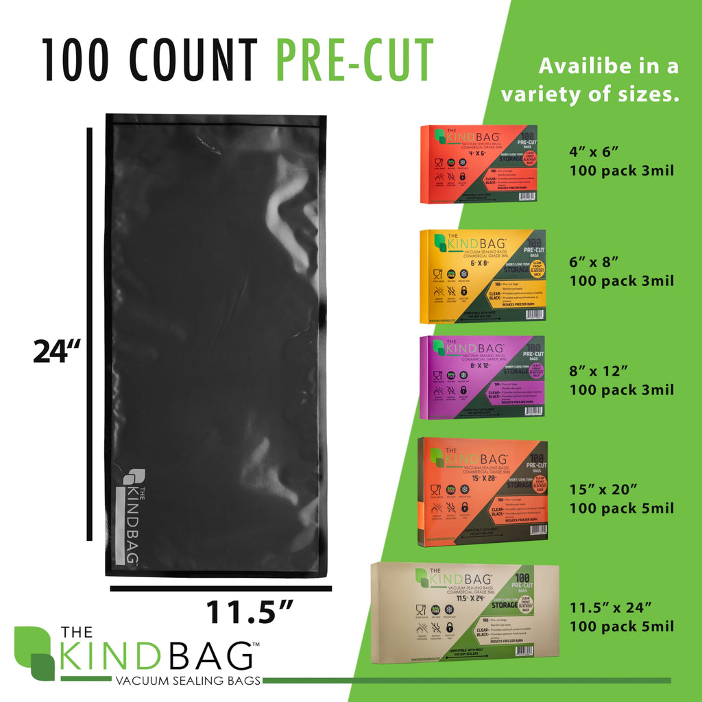 The Kind Bag Vacuum Seal Bags for Food; Food Grade, BPA Free & Freezer Safe; Airtight, Odor Free and Moisture Free; Commercial Grade 5mil Clear & Black; 11.5x24 inch Pre Cut Bags (100 ct)
