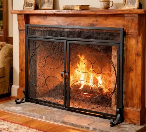 Fire Beauty Fireplace Screen with Magnetic Doors,Handcrafted Wrought Iron Classical Scroll Durable Metal Mesh, Decorative Free Standing Fireplace Spark Guard- Black