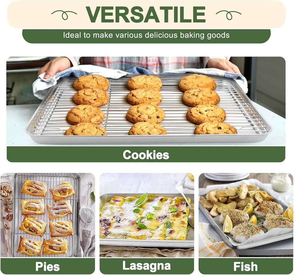 TeamFar Baking Sheet Set - 3 Stainless Steel Cookie Sheets with Racks | Non-Toxic, Heavy Duty, Dishwasher Safe, 16/12.5/10.5 Inch