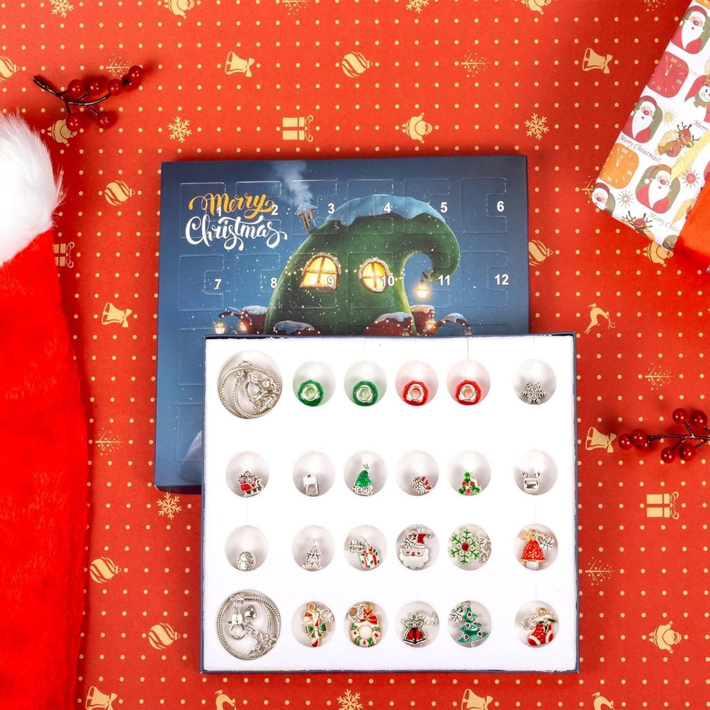 Skiennix Christmas Advent Calendar Bracelets - 24-Day DIY Jewelry Kit with 22 Charms & 2 Bracelets for Girls & Teens