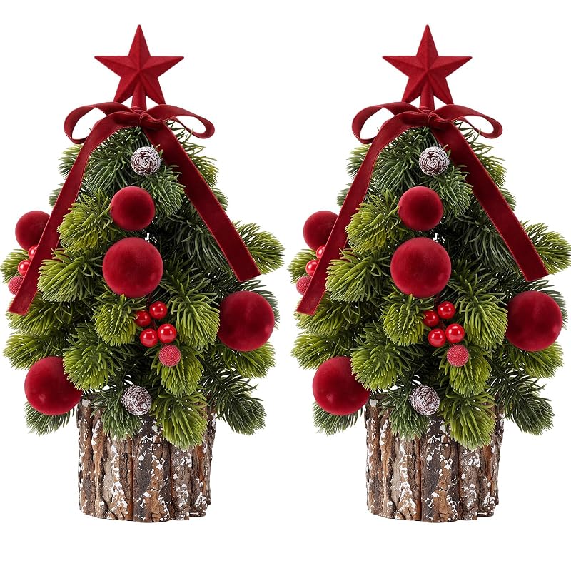 2 Pack Mini Christmas Trees with Red Velvet Pine Needles – Tabletop Decor, Rustic Stump Base