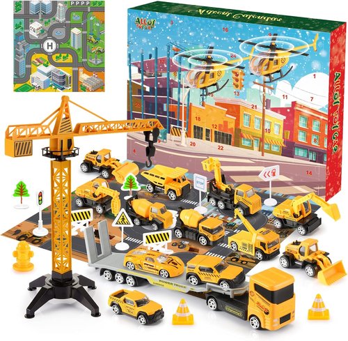 Advent Calendar - Alloy Construction Engineering Vehicle Toy Set with 2 Mats | Perfect Christmas Gift for Boys Ages 3-8 (Yellow)