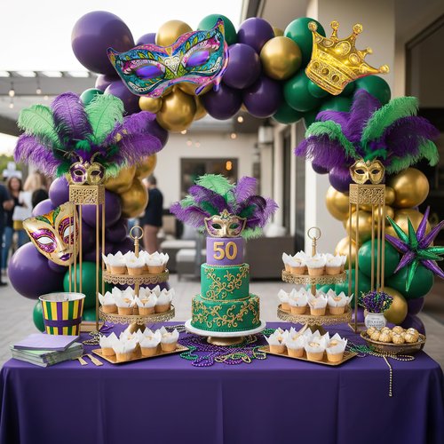 125 Carnival Balloon Garland Arch Kit - Purple, Emerald Green &Pearl Gold Balloons with Masks, Crown, and Exploding Star Foil Festive Party Decor for Masquerade, Birthday, Royal Events