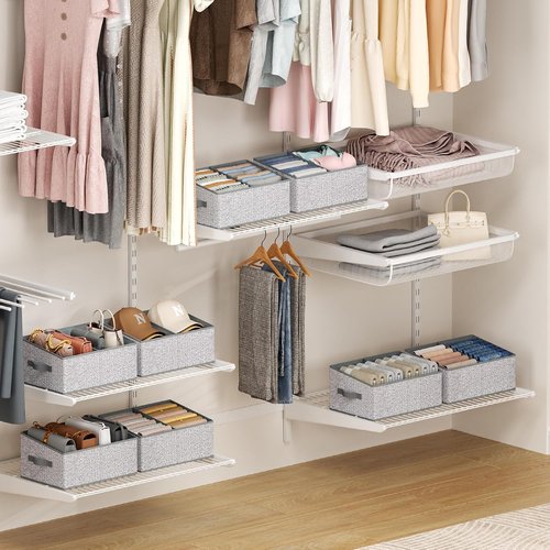 DIMJ Large Closet Shelf Organizer Bins - 6 Pack Fabric Trapezoid Storage Baskets with Handles | Grey