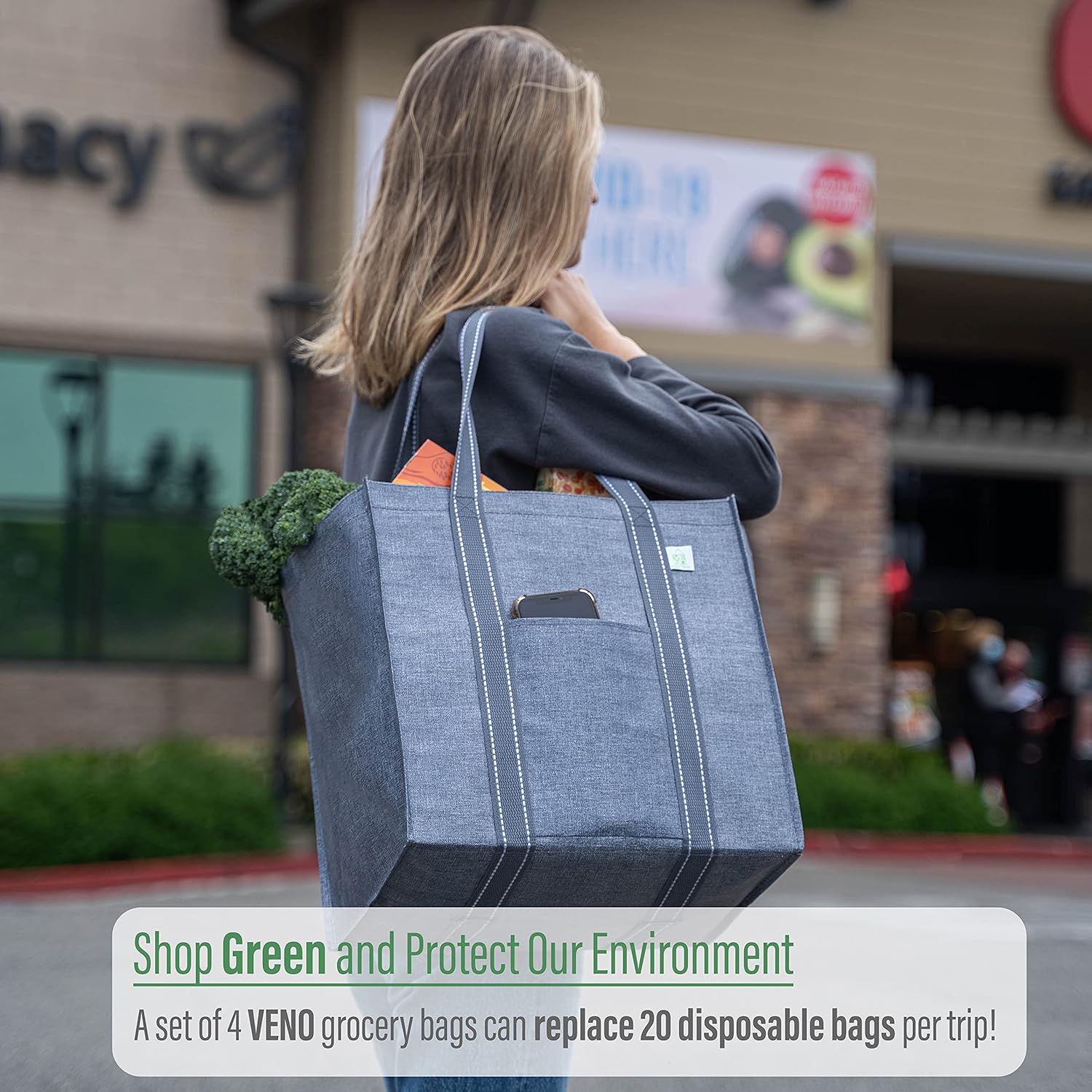 VENO Reusable Grocery Bags - Heavy-Duty Shopping Bags with Handles | Foldable & Upright Design (Gray, 4 Pack)