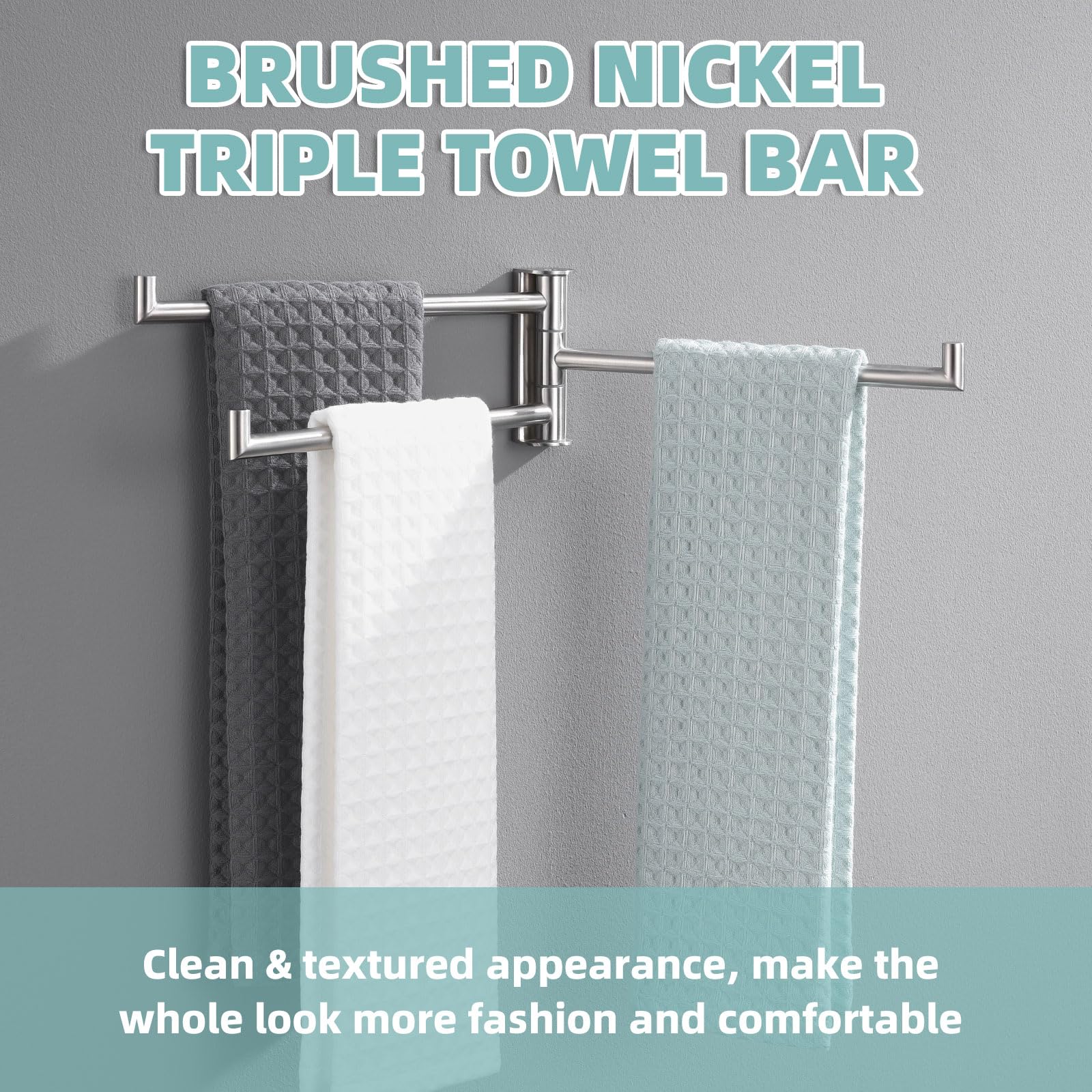 APLusee Brushed Nickel Swivel Towel Rack, 304 Stainless Steel Foldable Towel Bar with Three Swing Arm, Wall Mounted