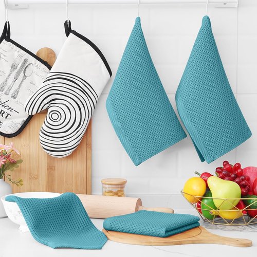 Homaxy 100% Cotton Waffle Weave Dish Cloths - Ultra Soft & Absorbent, Quick Drying | 12 x 12 Inches, 6-Pack, Lake Blue
