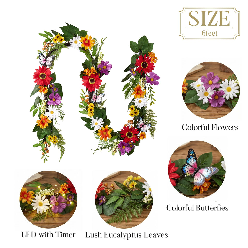 Valery Madelyn 6FT Spring Garland for Mantle, Artificial Flower Garland with Daisy Leaves Butterfly for Home, Fireplace Garland with Lights Backdrop Decor