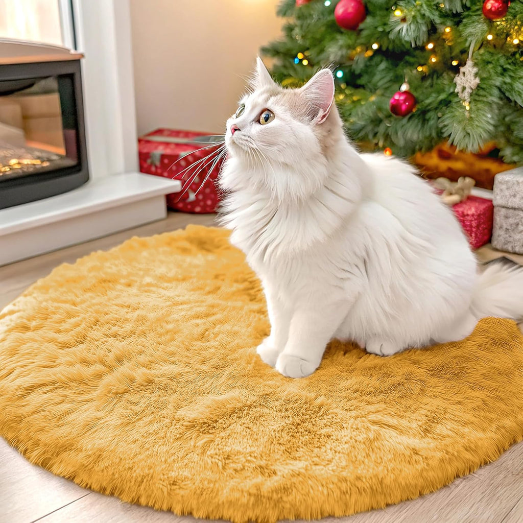 OLANLY Mustard Yellow Round Area Rug - Soft, Fluffy, Machine Washable 2 ft Circle Carpet for Bedroom & Living Room Decor