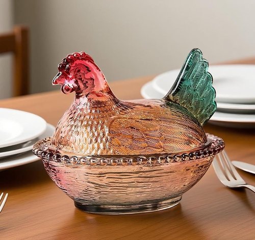 WKHOKI Glass Hen on Nest Candy Dish with Lid | Large Pedestal Unique Candy Bowl for Snacks, Desserts, Cookies | Home Kitchen Office Tabletop Decor