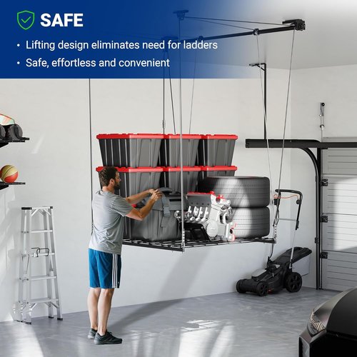 FLEXIMOUNTS GL1 Overhead Garage Storage Rack - Heavy-Duty 4x4 Ft Metal Ceiling Organizer, 350lbs Capacity, Black