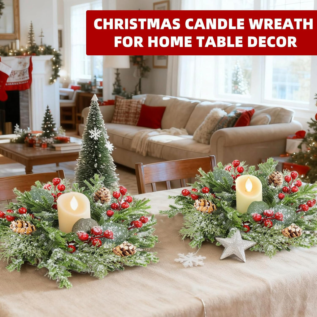 Regine Switzerland Mini Christmas Wreath Candle Rings - Flocked 10"x3.5" Snowy Pinecone & Red Berry Decor