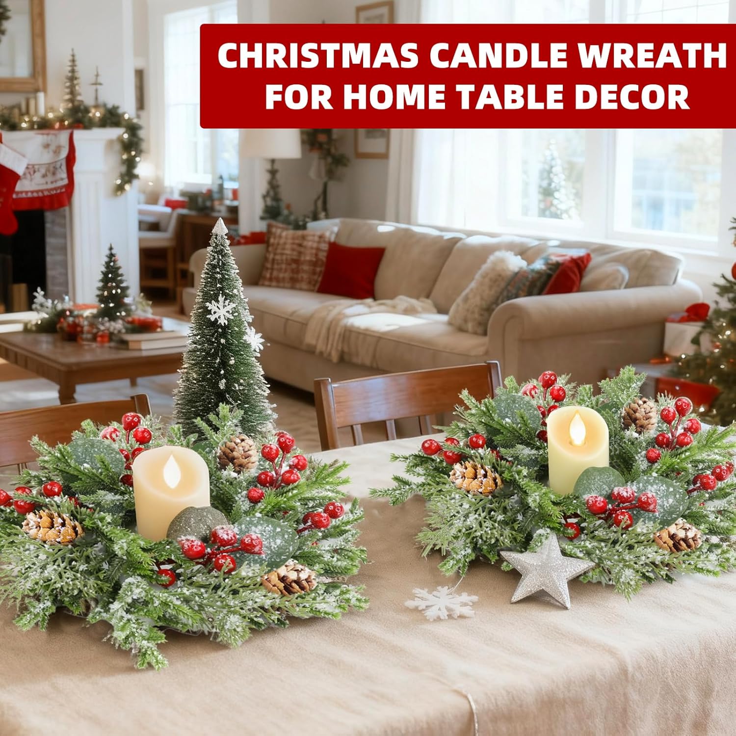 Regine Switzerland Mini Christmas Wreath Candle Rings - Flocked 10"x3.5" Snowy Pinecone & Red Berry Decor