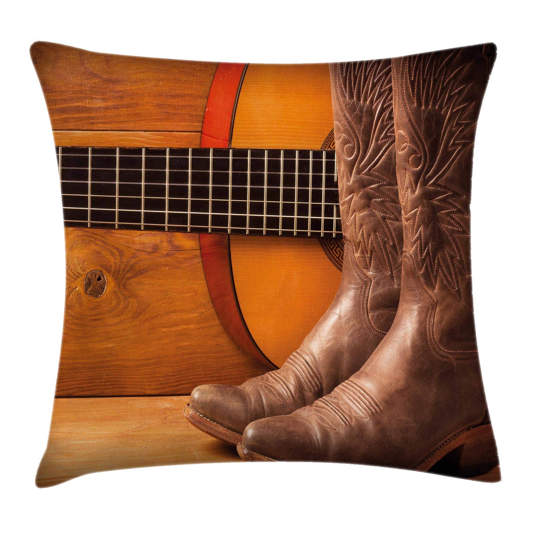 Ambesonne Western Throw Pillow Cushion Cover, American Country Music Theme Guitar Instrument and Cowboy Shoes on Wood Image, Decorative Square Accent Pillow Case, 16" X 16", Orange Brown