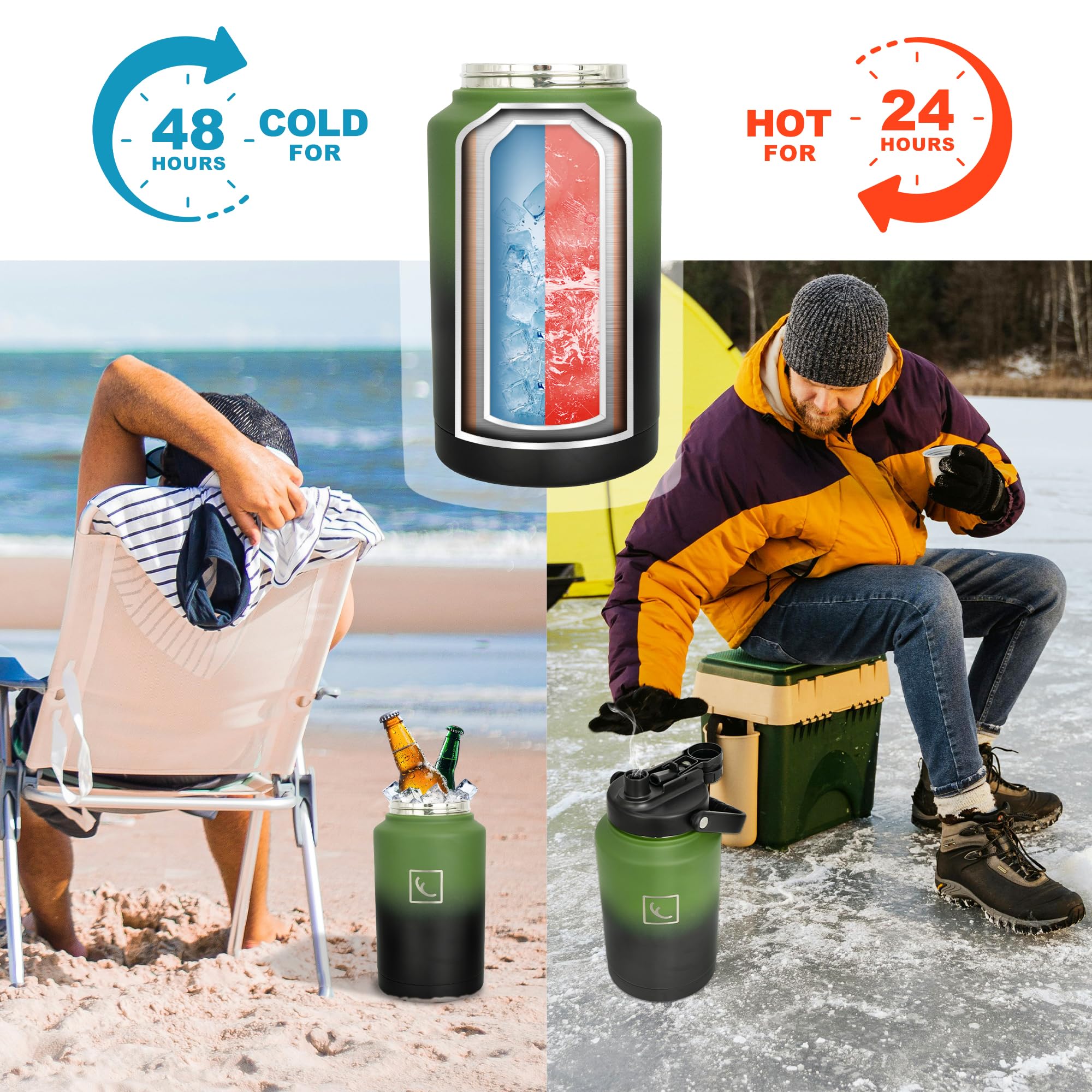 NATURE PIONEOR 1 Gallon Insulated Water Bottle - Double Vacuum Stainless Steel 128 oz Water Bottle with Holder, Wide Mouth & 2-in-1 Lid (Flip Straw & Spout), 1 Gallon Water Jug, Hiking, Camping, Gym