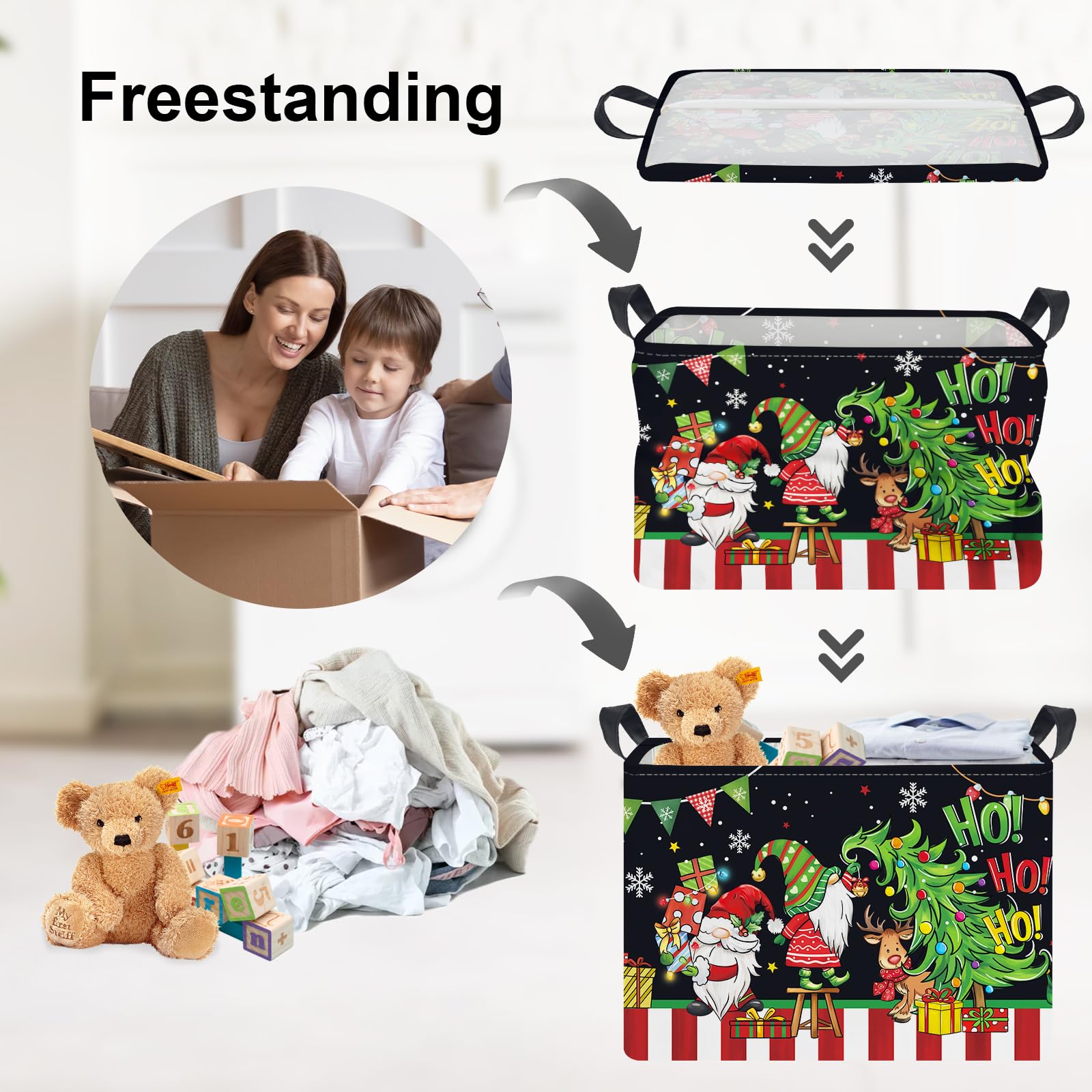 Clastyle Large Christmas Tree Gift Baby Basket Empty Snowman Snowflake Gnome Kid Toy Book Xmas Storage Collapsible Clothes Organizer Nursery Bin,Black,40*30*30 cm