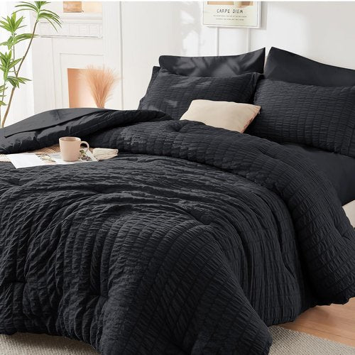 HYMOKEGE Twin Comforter Set - Luxurious 5-Piece Seersucker Bedding Set for All Seasons | Black