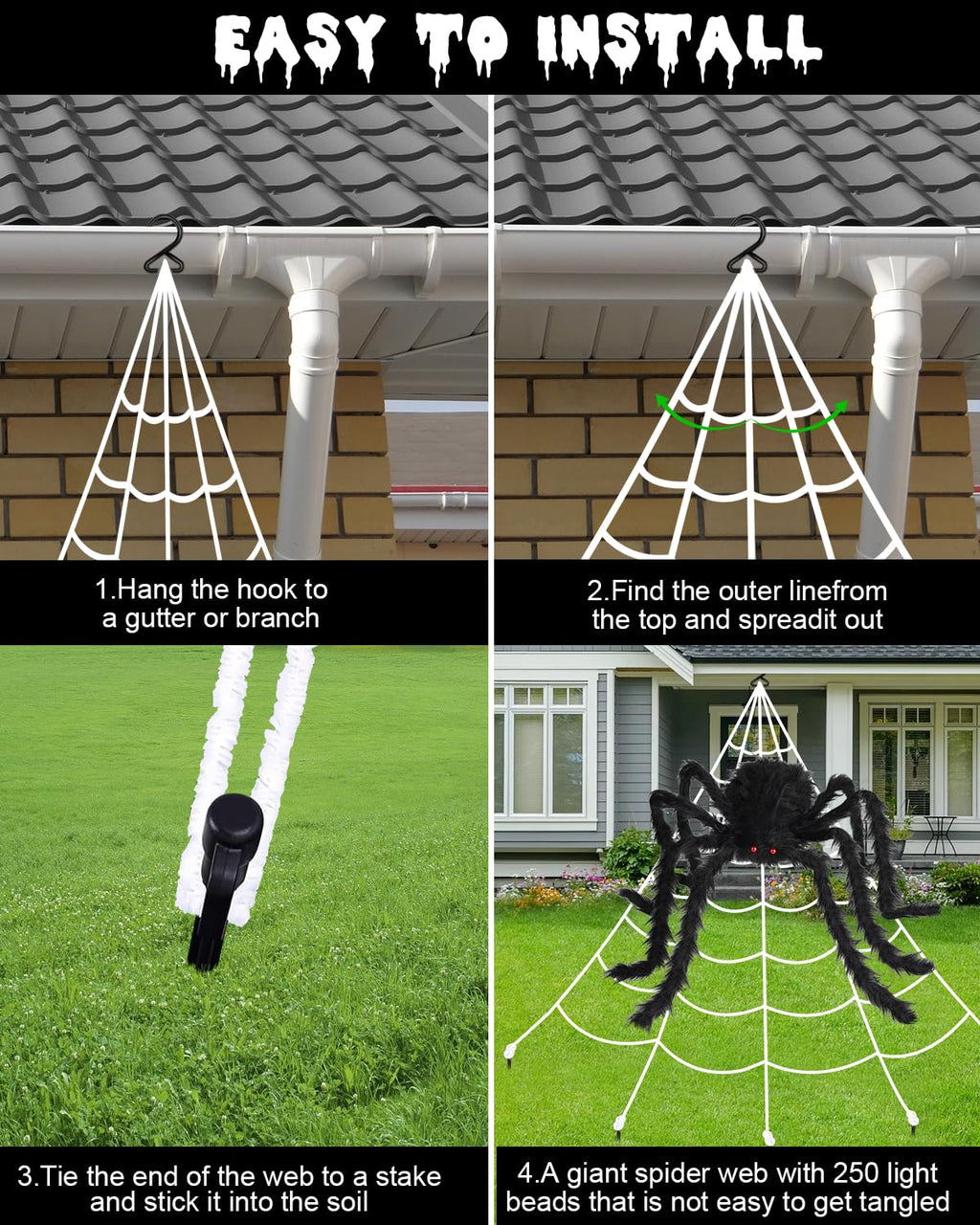 3D HD Dynamic Giant Spider Halloween Projector+Brighter Spider Webs Lights Set,250 Purple LED Light Up,8 Modes 16.4Ft Giant Spiderweb with Remote Control,with 48'' Giant Spider
