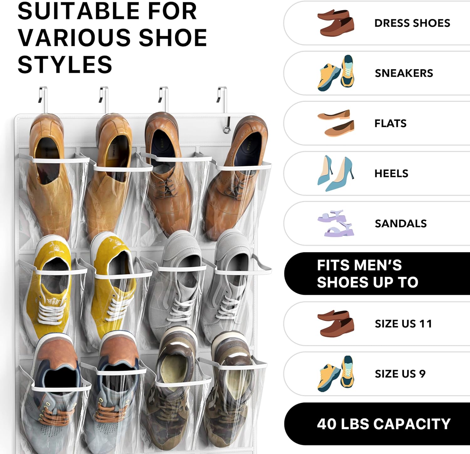 Simple Houseware Over The Door Shoe Organizer - 24 Clear Pockets, White (56" x 22.5")