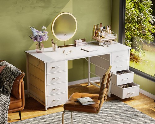 Casaottima 48 Inches Computer Desk with 8 Fabric Drawers, Modern Office Desk with Large Storage for Home Office, Study, White