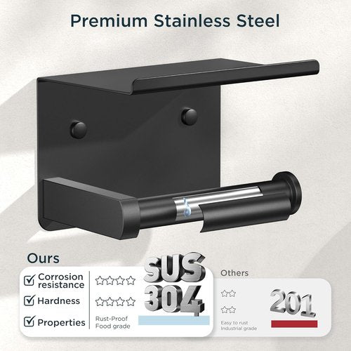 FORIOUS Toilet Paper Holder - Matte Black Stainless Steel with Shelf | Adhesive or Screw Mount