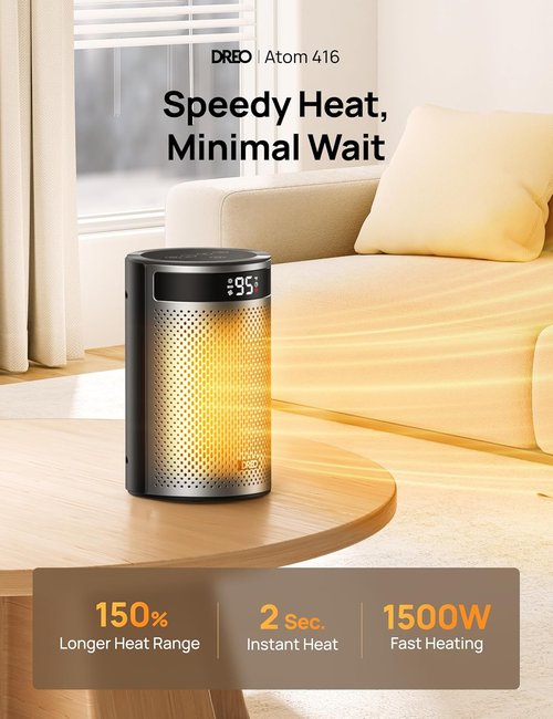DREO Portable Space Heater - 1500W PTC Ceramic with Thermostat, Remote & Eco Mode - Ideal for Office & Bedroom