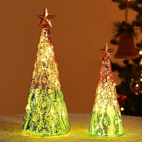 Lewondr Glass Christmas Trees - 2 PCS Tabletop Mercury Trees with Built-In Lights | Green & Gold Decor