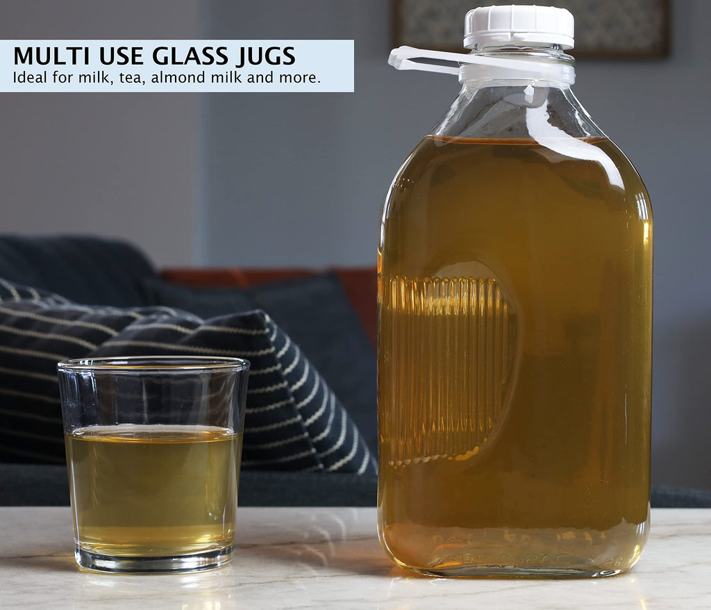 The Dairy Shoppe Glass Milk Bottle, Heavy Glass with 48 mm Extra Lid, Creamery Style (64 oz/4 pk, Half Gallon)